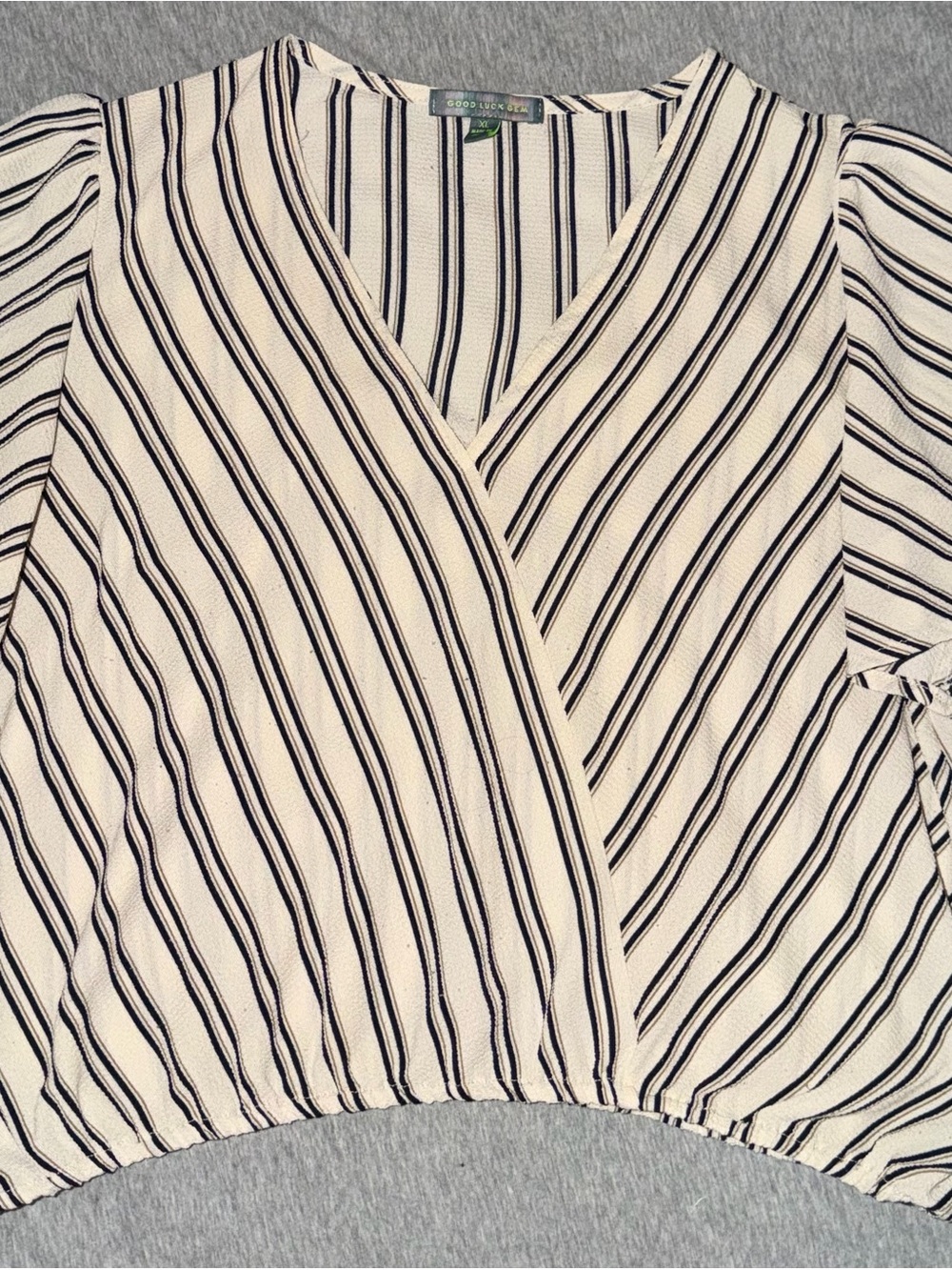 Good Luck Gem Cream Blouse with Black Pinstripes Wrap Top